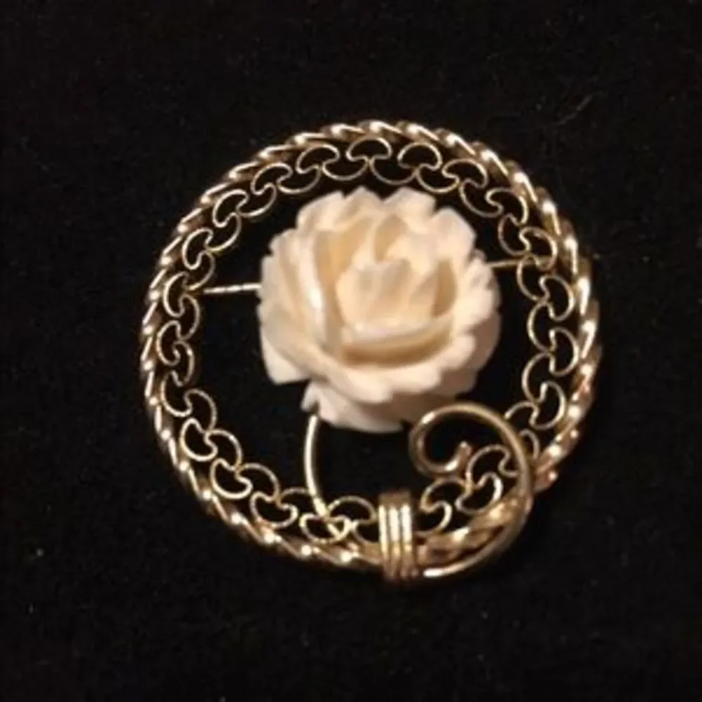 Vintage Carved Rose Flower Brooch